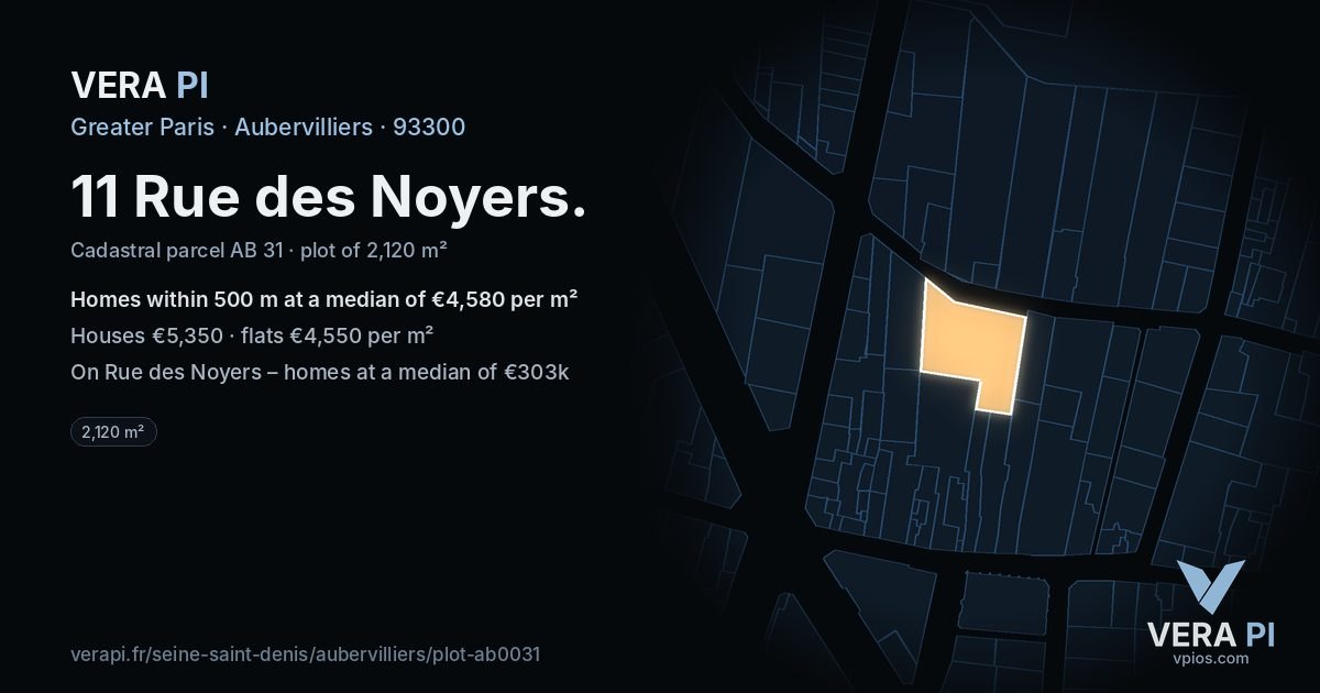 11 Rue des Noyers, Aubervilliers at night – the plot lit, the parcels around coloured by the prices near them