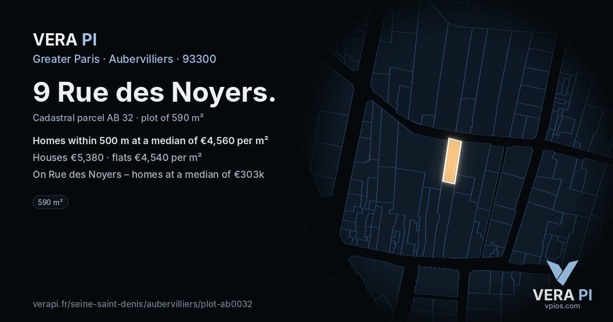 9 Rue des Noyers, Aubervilliers at night – the plot lit, the parcels around coloured by the prices near them