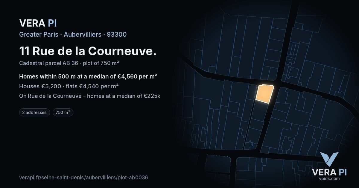 11 Rue de la Courneuve, Aubervilliers at night – the plot lit, the parcels around coloured by the prices near them