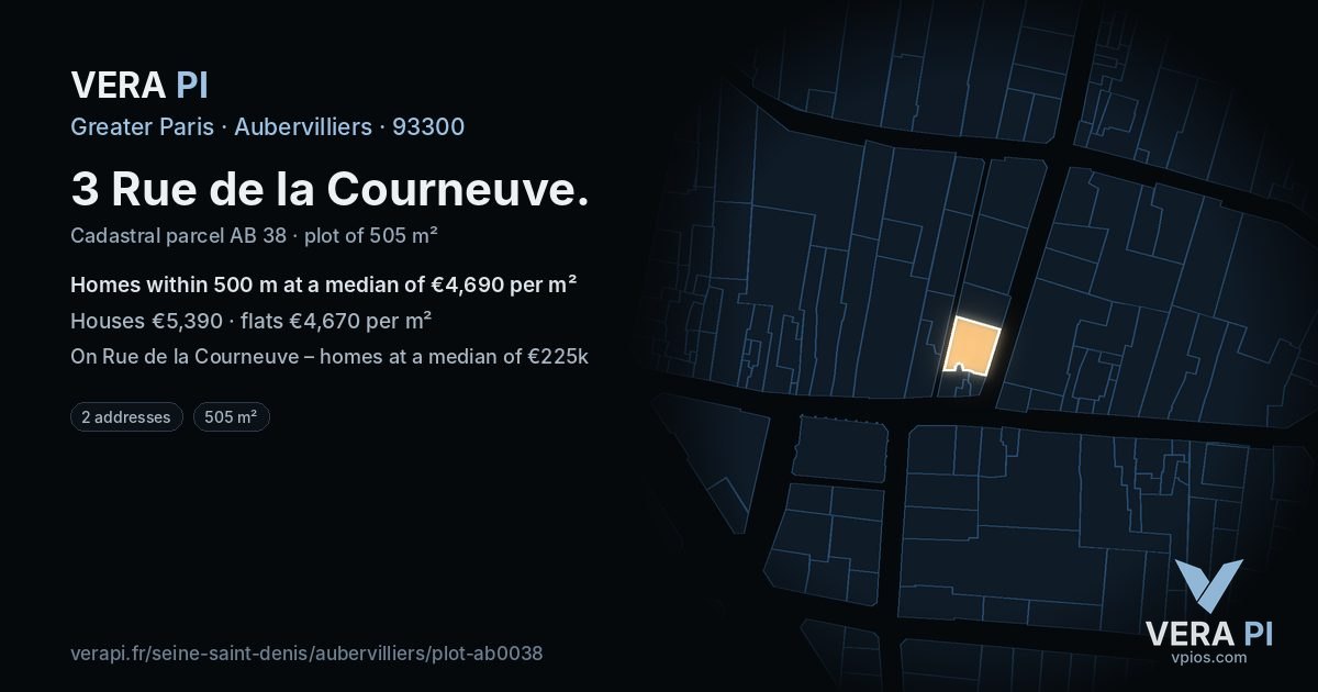 3 Rue de la Courneuve, Aubervilliers at night – the plot lit, the parcels around coloured by the prices near them
