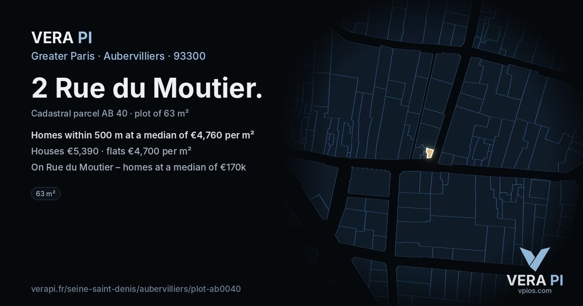 2 Rue du Moutier, Aubervilliers at night – the plot lit, the parcels around coloured by the prices near them