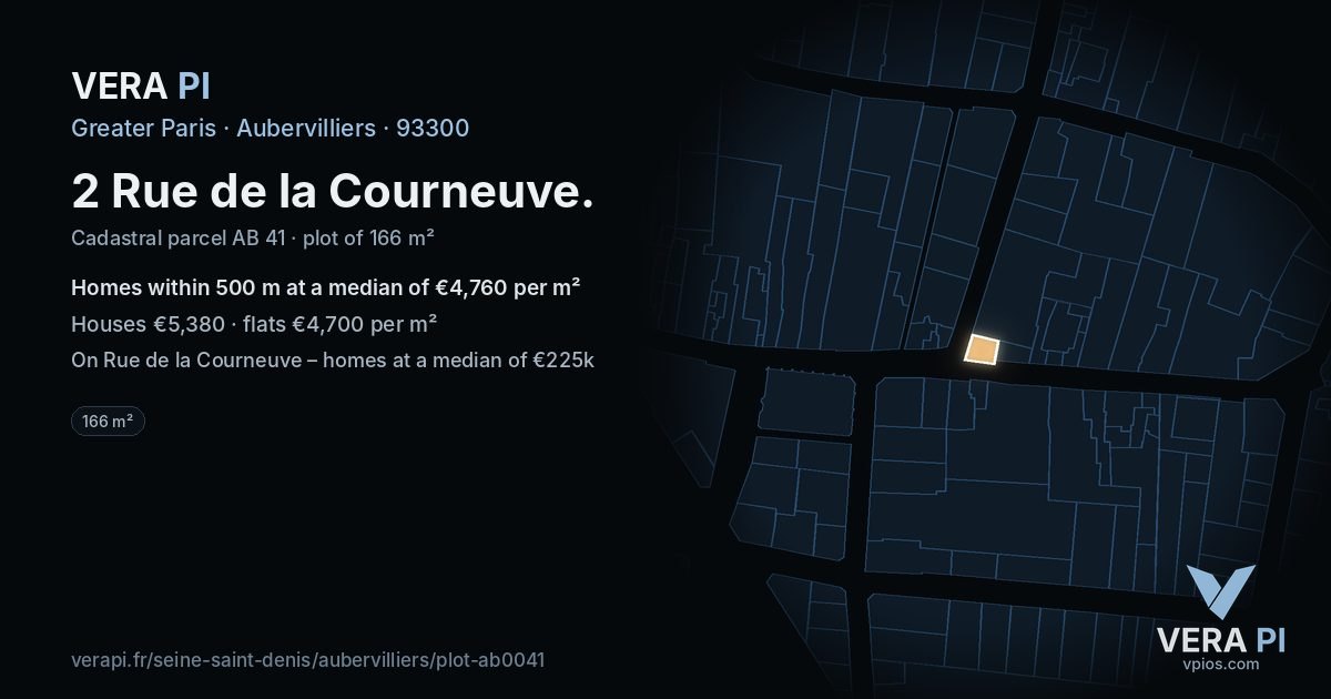 2 Rue de la Courneuve, Aubervilliers at night – the plot lit, the parcels around coloured by the prices near them
