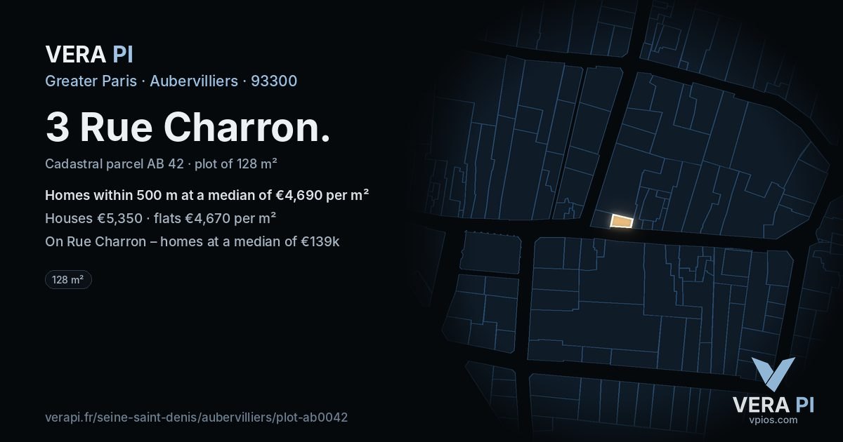3 Rue Charron, Aubervilliers at night – the plot lit, the parcels around coloured by the prices near them