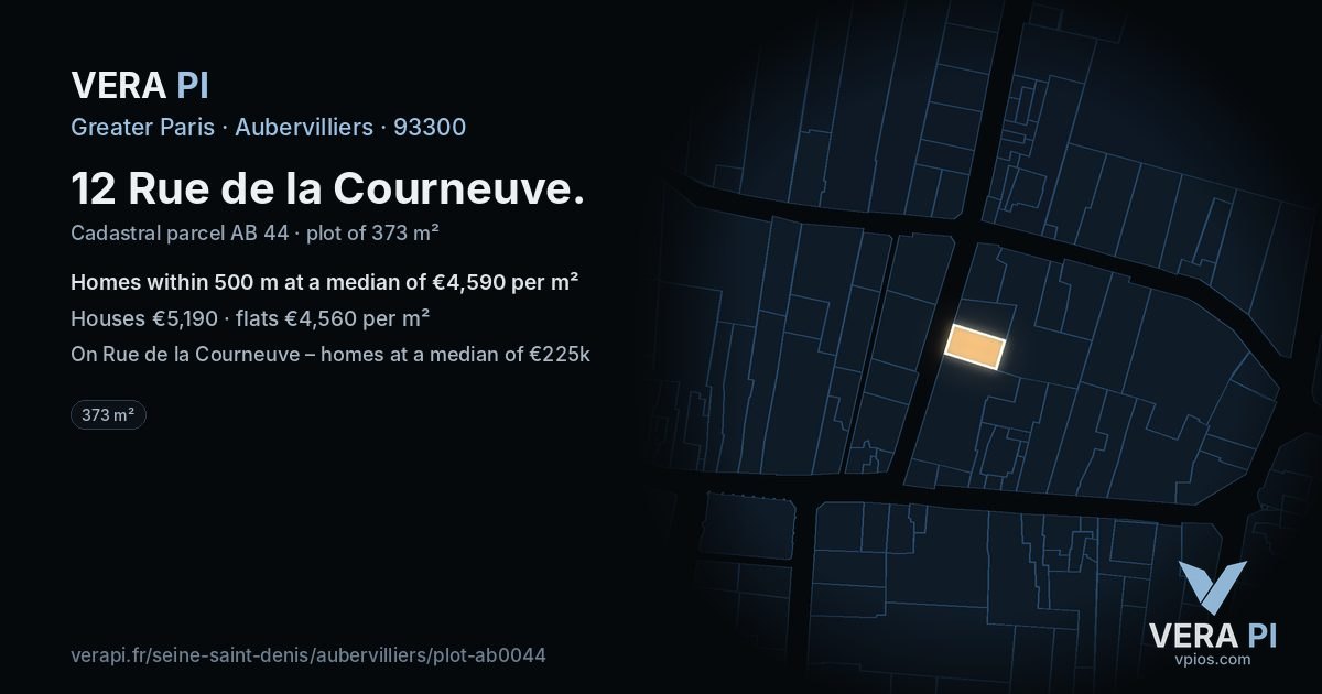 12 Rue de la Courneuve, Aubervilliers at night – the plot lit, the parcels around coloured by the prices near them