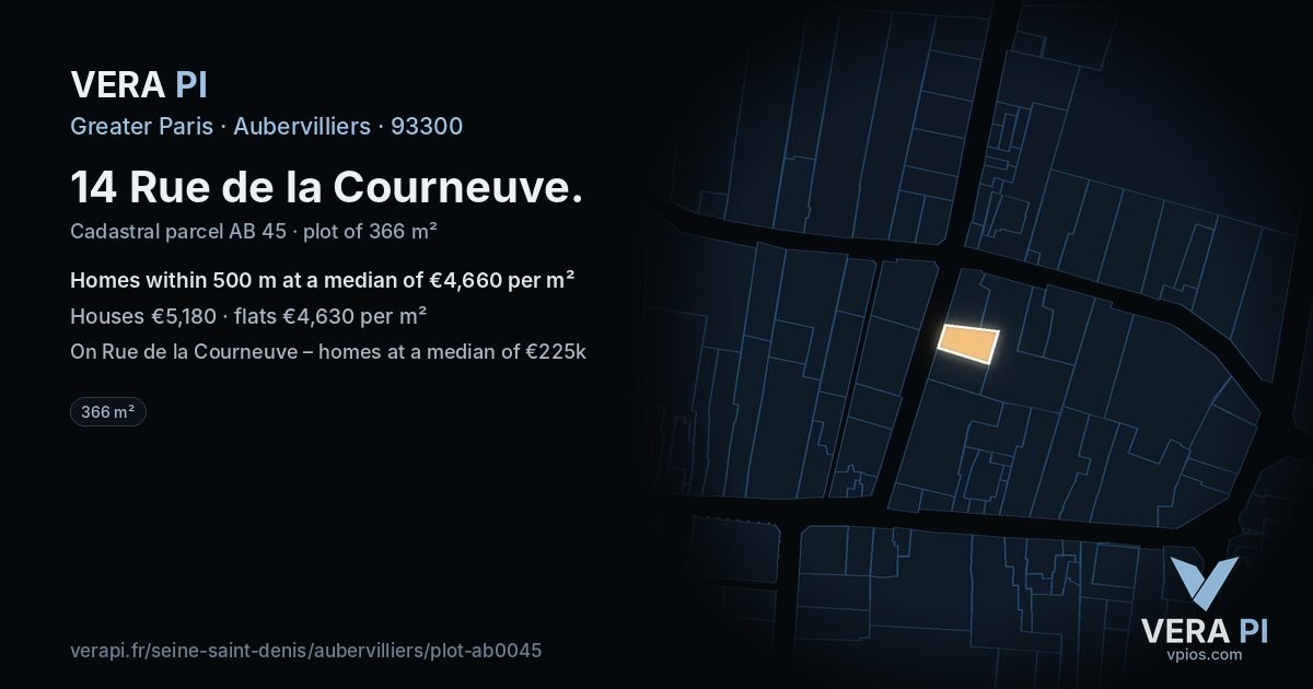 14 Rue de la Courneuve, Aubervilliers at night – the plot lit, the parcels around coloured by the prices near them