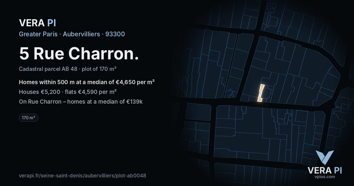 5 Rue Charron, Aubervilliers at night – the plot lit, the parcels around coloured by the prices near them