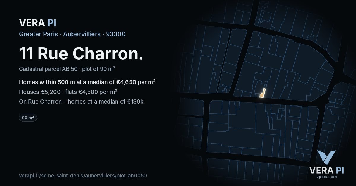 11 Rue Charron, Aubervilliers at night – the plot lit, the parcels around coloured by the prices near them