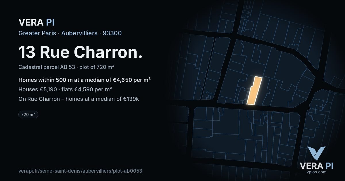 13 Rue Charron, Aubervilliers at night – the plot lit, the parcels around coloured by the prices near them