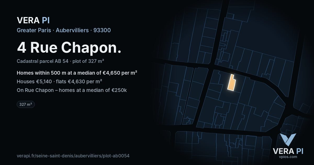 4 Rue Chapon, Aubervilliers at night – the plot lit, the parcels around coloured by the prices near them