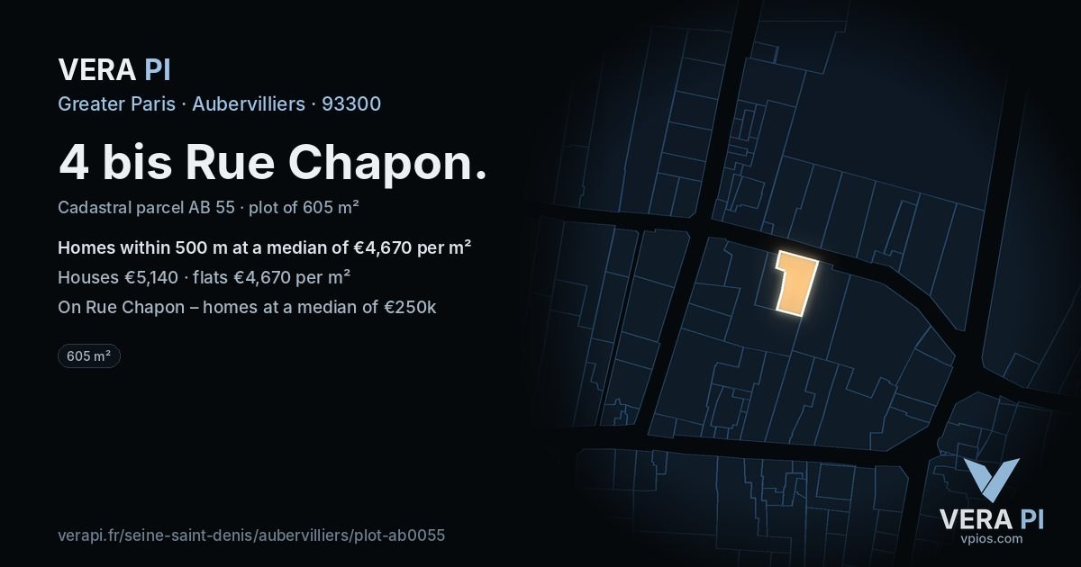 4 bis Rue Chapon, Aubervilliers at night – the plot lit, the parcels around coloured by the prices near them