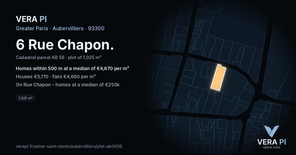 6 Rue Chapon, Aubervilliers at night – the plot lit, the parcels around coloured by the prices near them