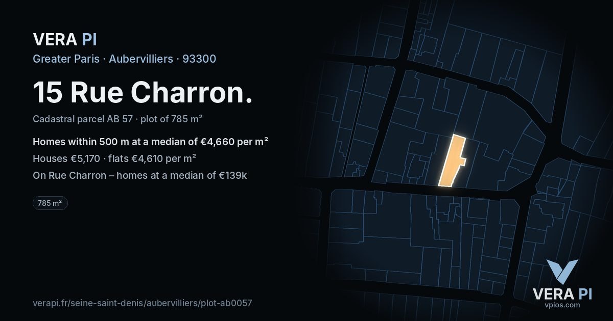 15 Rue Charron, Aubervilliers at night – the plot lit, the parcels around coloured by the prices near them