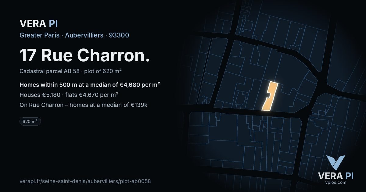 17 Rue Charron, Aubervilliers at night – the plot lit, the parcels around coloured by the prices near them