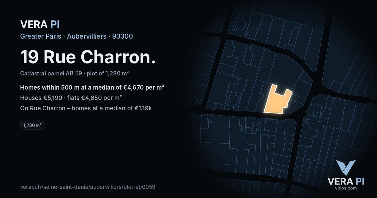 19 Rue Charron, Aubervilliers at night – the plot lit, the parcels around coloured by the prices near them