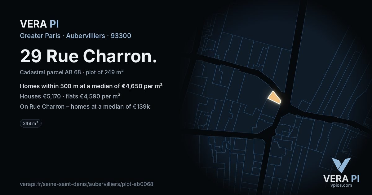 29 Rue Charron, Aubervilliers at night – the plot lit, the parcels around coloured by the prices near them