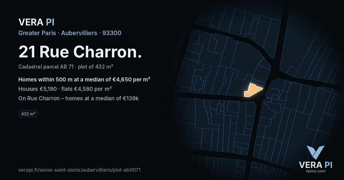 21 Rue Charron, Aubervilliers at night – the plot lit, the parcels around coloured by the prices near them