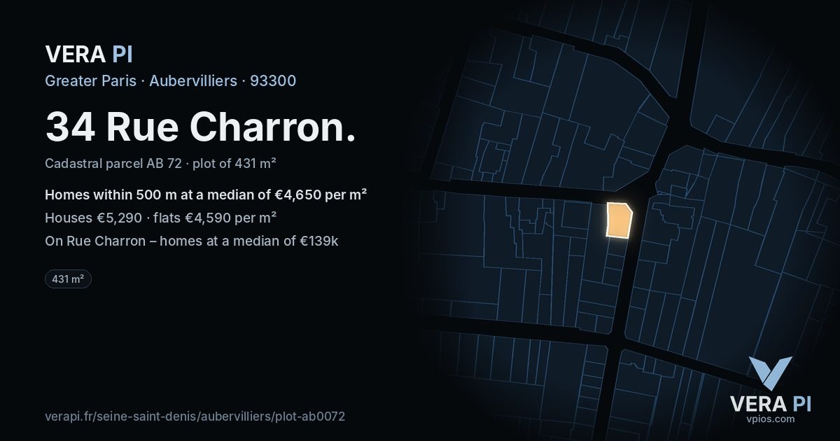 34 Rue Charron, Aubervilliers at night – the plot lit, the parcels around coloured by the prices near them