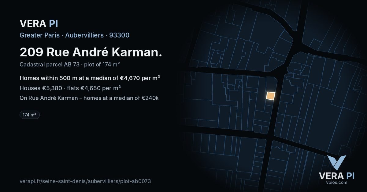 209 Rue André Karman, Aubervilliers at night – the plot lit, the parcels around coloured by the prices near them
