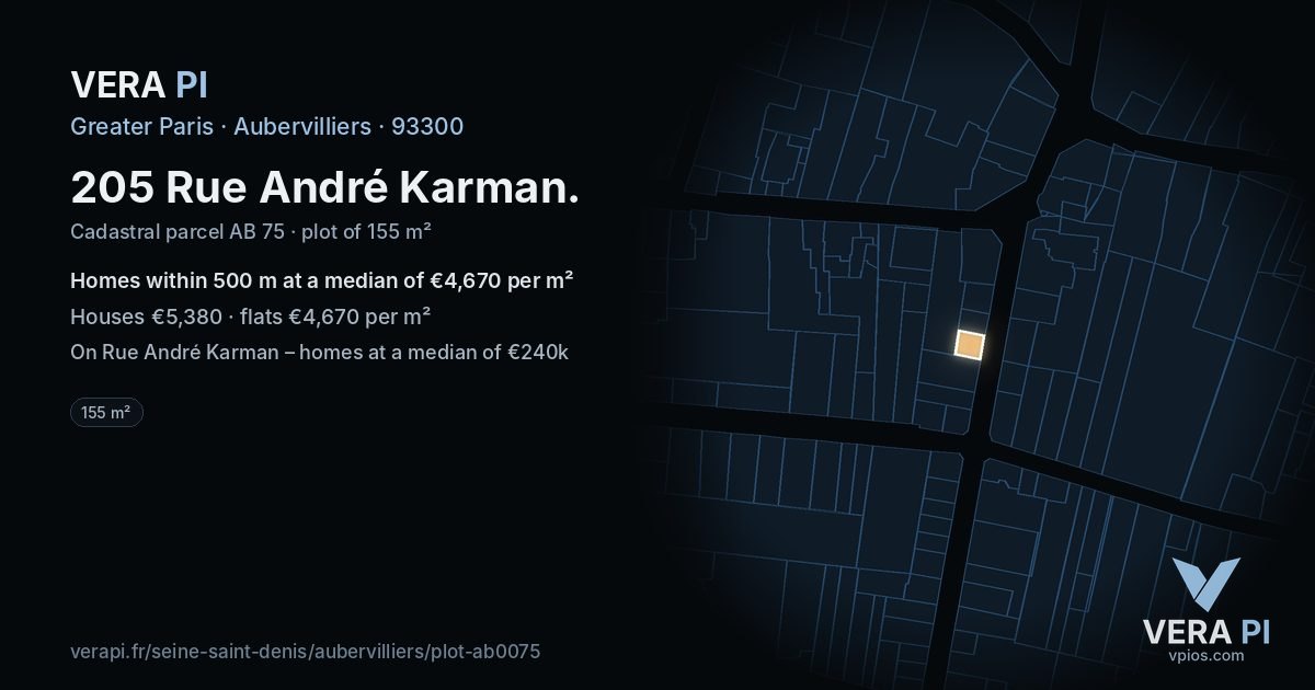 205 Rue André Karman, Aubervilliers at night – the plot lit, the parcels around coloured by the prices near them