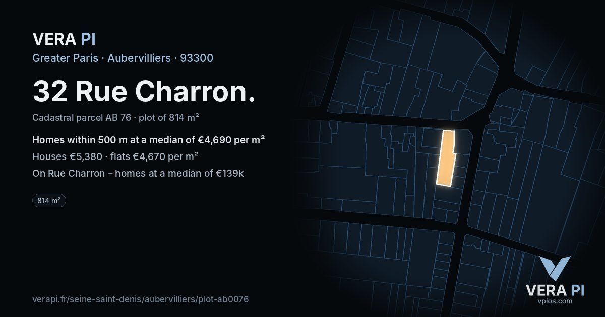 32 Rue Charron, Aubervilliers at night – the plot lit, the parcels around coloured by the prices near them