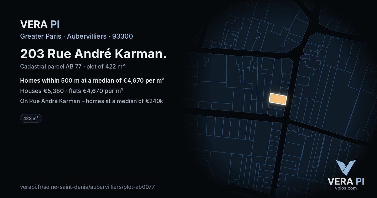 203 Rue André Karman, Aubervilliers at night – the plot lit, the parcels around coloured by the prices near them