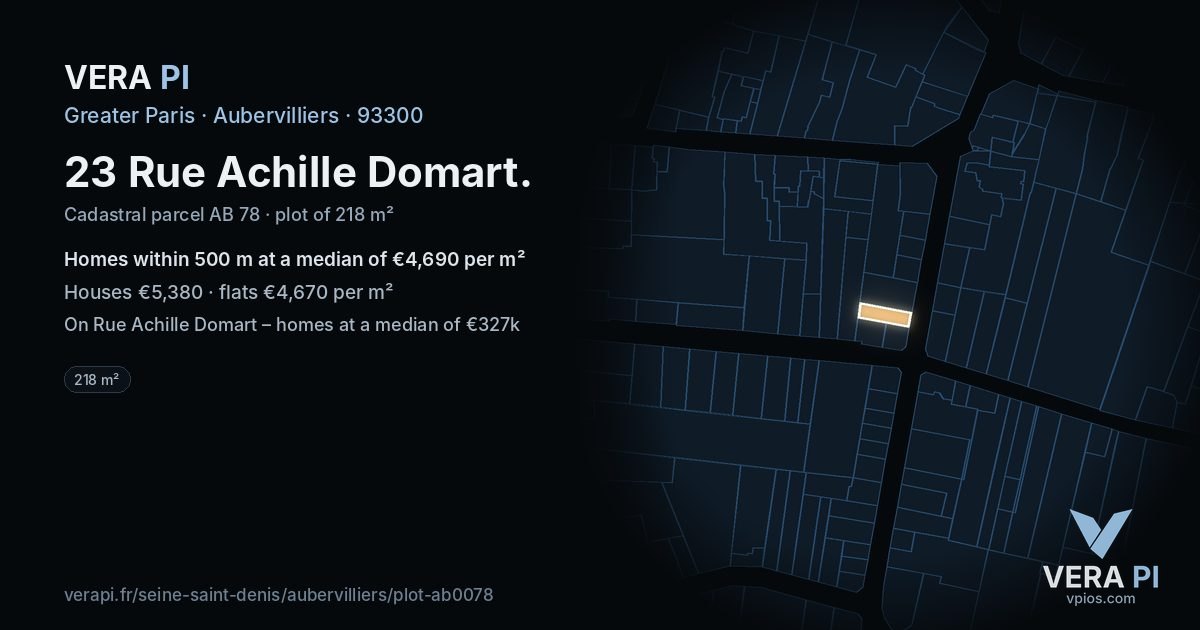 23 Rue Achille Domart, Aubervilliers at night – the plot lit, the parcels around coloured by the prices near them