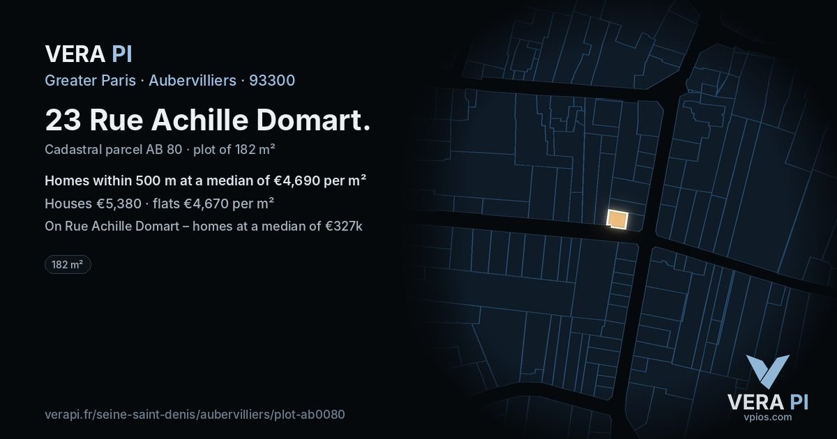 23 Rue Achille Domart, Aubervilliers at night – the plot lit, the parcels around coloured by the prices near them