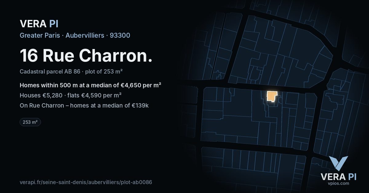 16 Rue Charron, Aubervilliers at night – the plot lit, the parcels around coloured by the prices near them