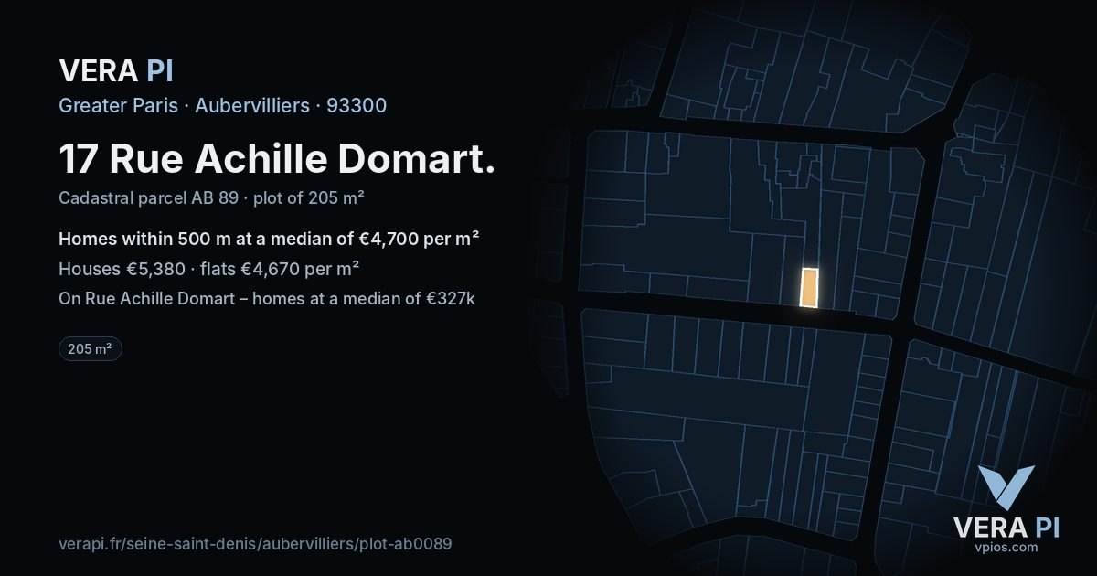 17 Rue Achille Domart, Aubervilliers at night – the plot lit, the parcels around coloured by the prices near them