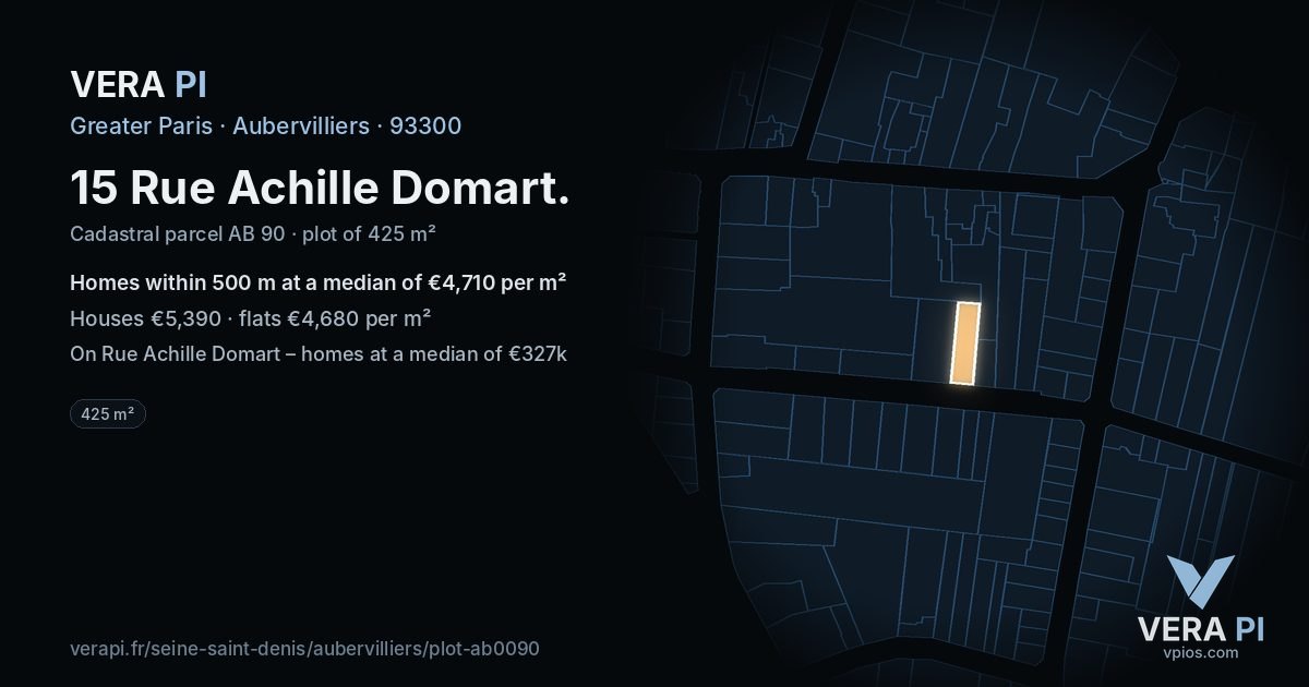 15 Rue Achille Domart, Aubervilliers at night – the plot lit, the parcels around coloured by the prices near them