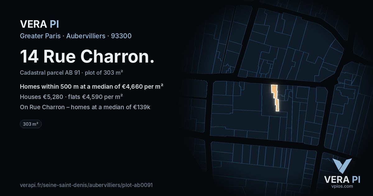 14 Rue Charron, Aubervilliers at night – the plot lit, the parcels around coloured by the prices near them