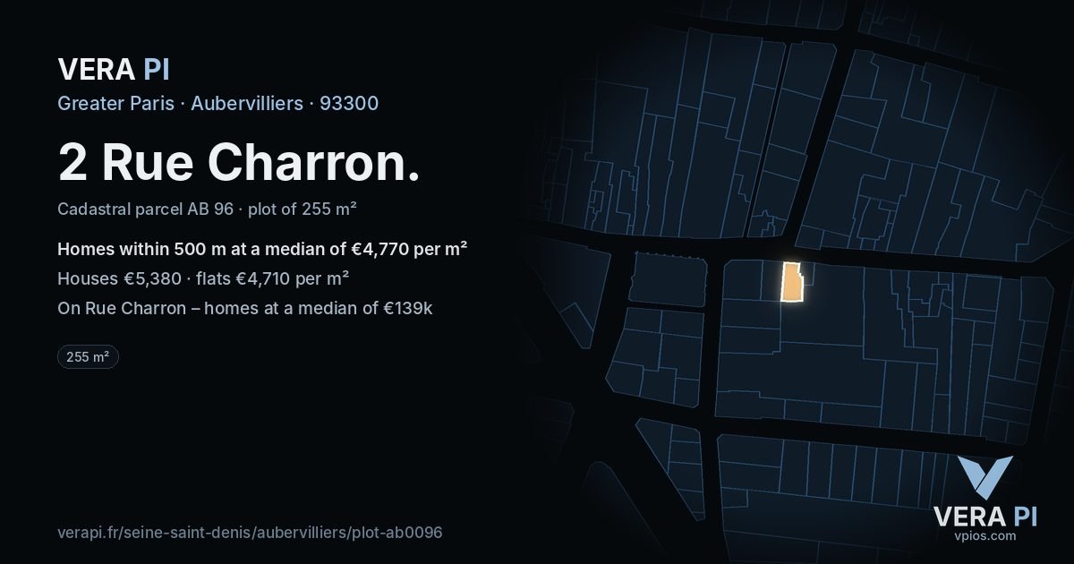 2 Rue Charron, Aubervilliers at night – the plot lit, the parcels around coloured by the prices near them
