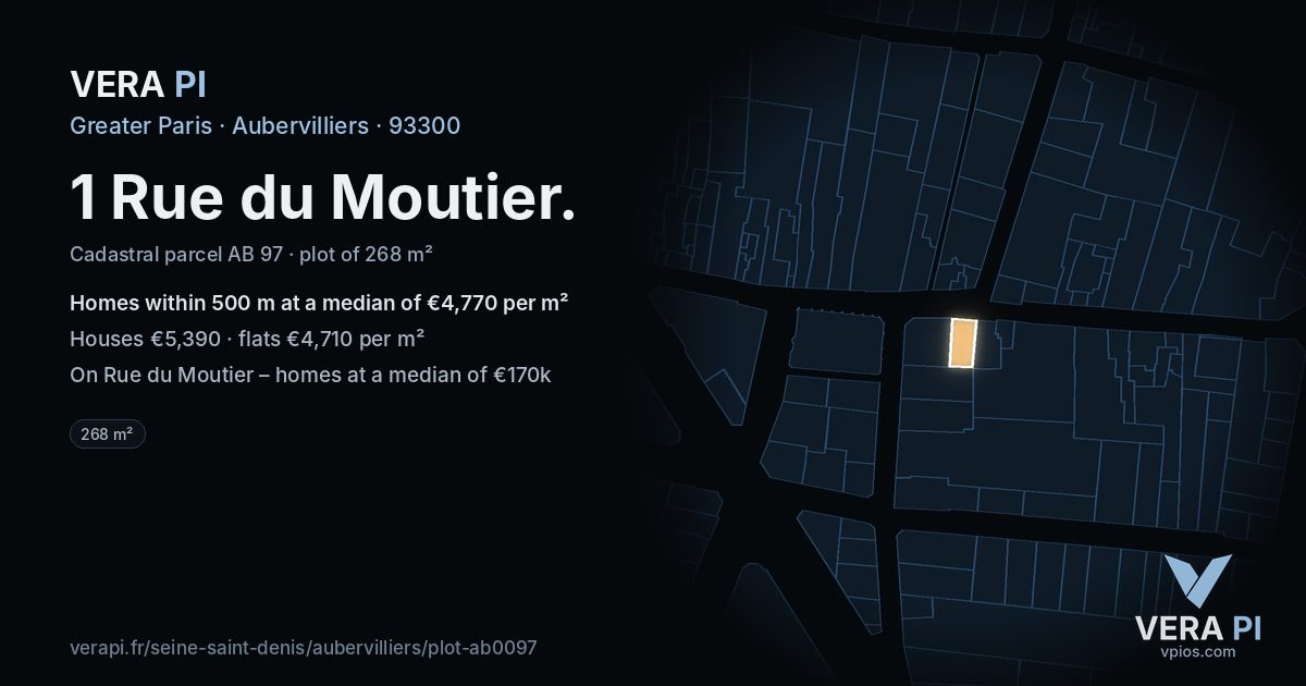 1 Rue du Moutier, Aubervilliers at night – the plot lit, the parcels around coloured by the prices near them