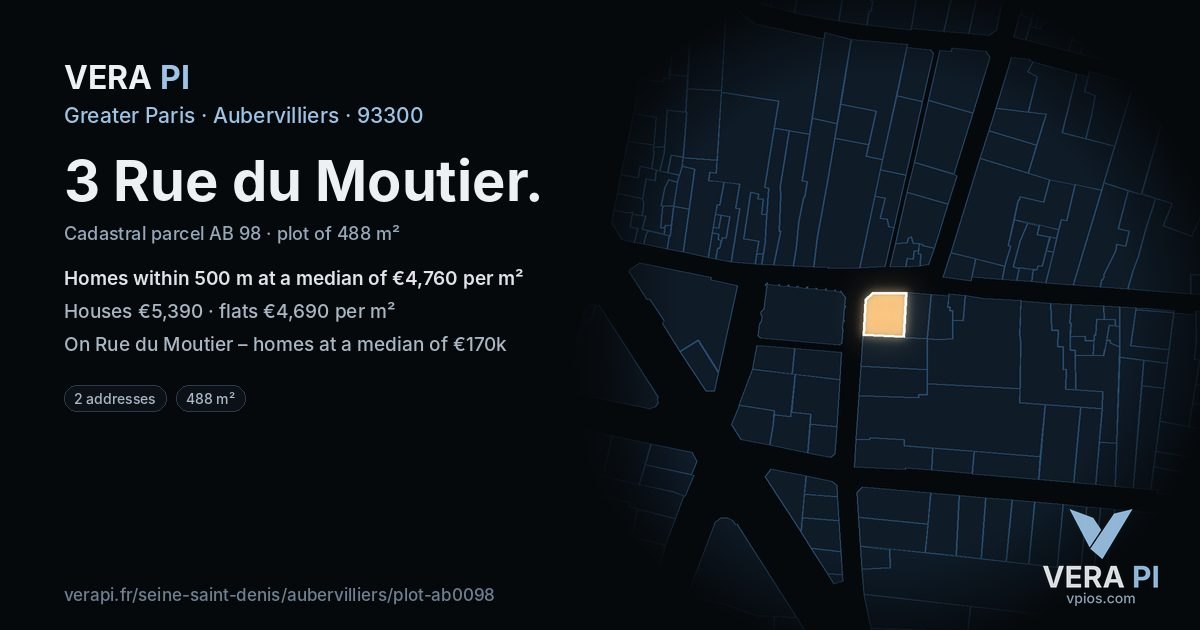 3 Rue du Moutier, Aubervilliers at night – the plot lit, the parcels around coloured by the prices near them