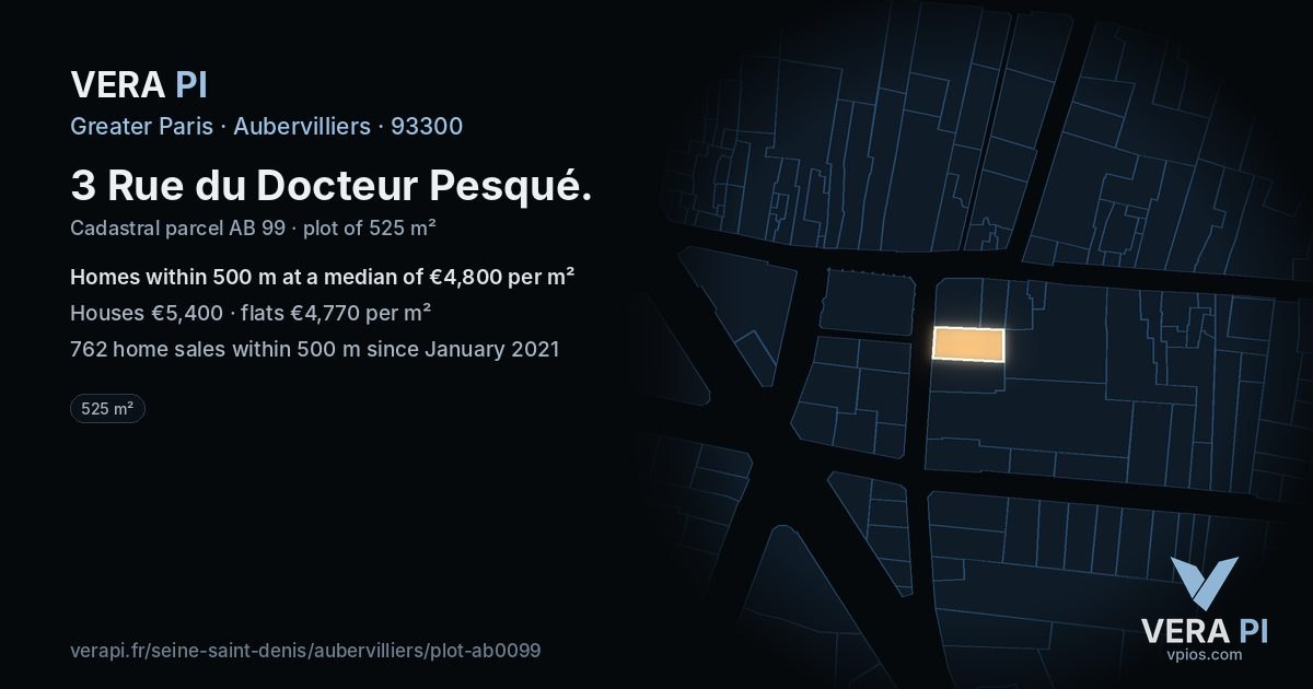 3 Rue du Docteur Pesqué, Aubervilliers at night – the plot lit, the parcels around coloured by the prices near them