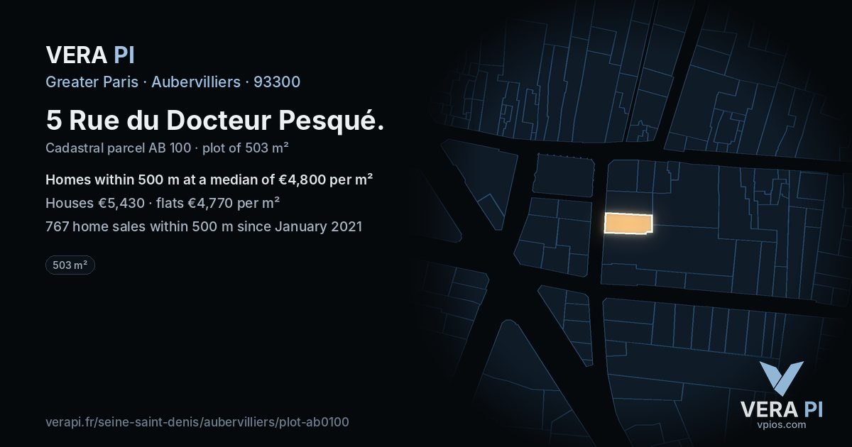 5 Rue du Docteur Pesqué, Aubervilliers at night – the plot lit, the parcels around coloured by the prices near them