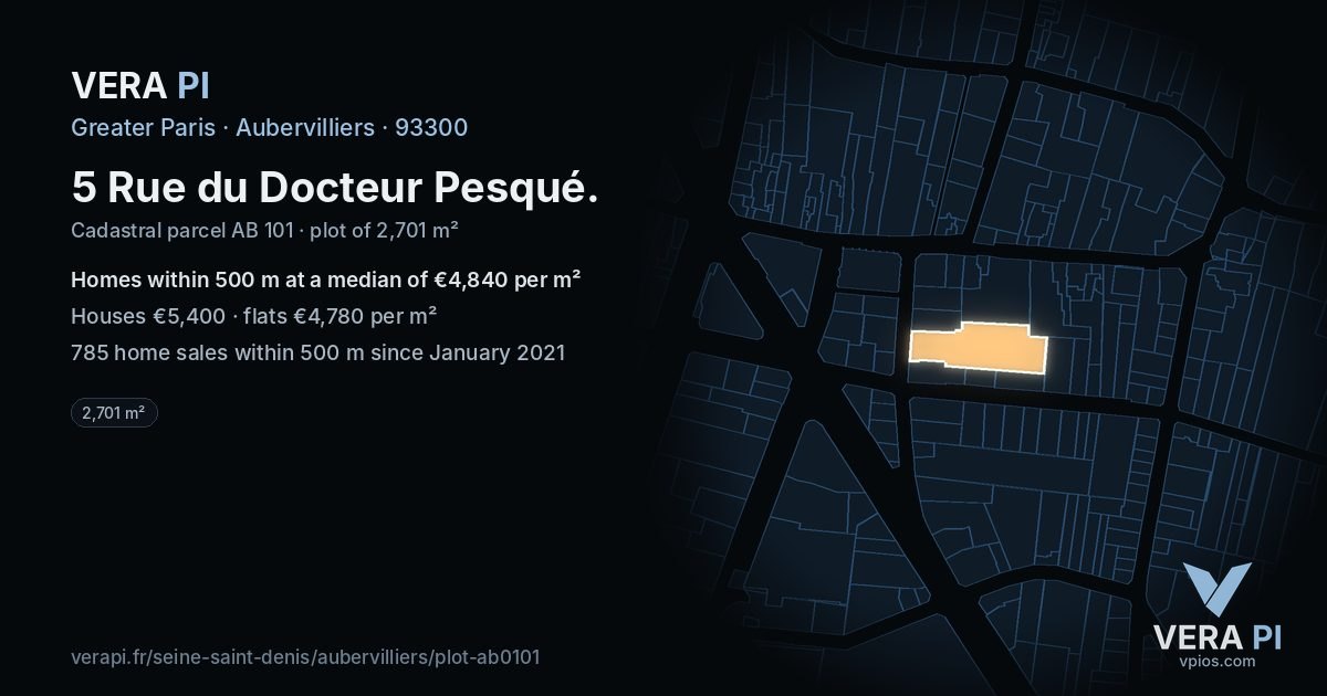 5 Rue du Docteur Pesqué, Aubervilliers at night – the plot lit, the parcels around coloured by the prices near them