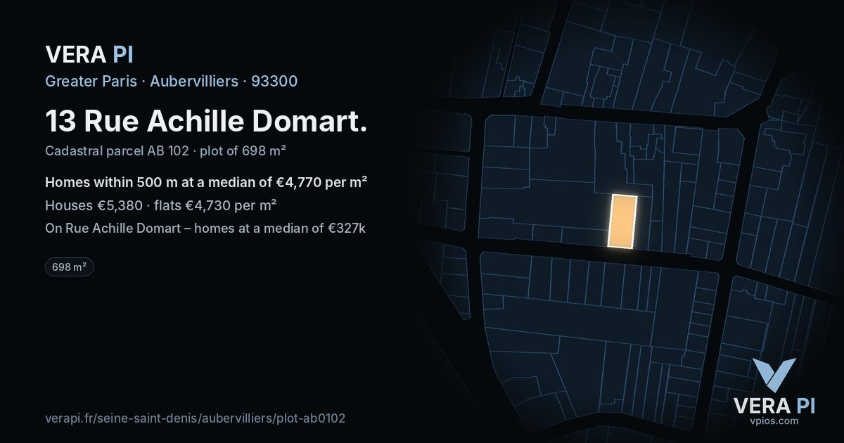 13 Rue Achille Domart, Aubervilliers at night – the plot lit, the parcels around coloured by the prices near them