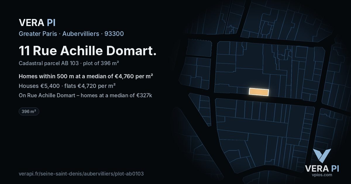 11 Rue Achille Domart, Aubervilliers at night – the plot lit, the parcels around coloured by the prices near them