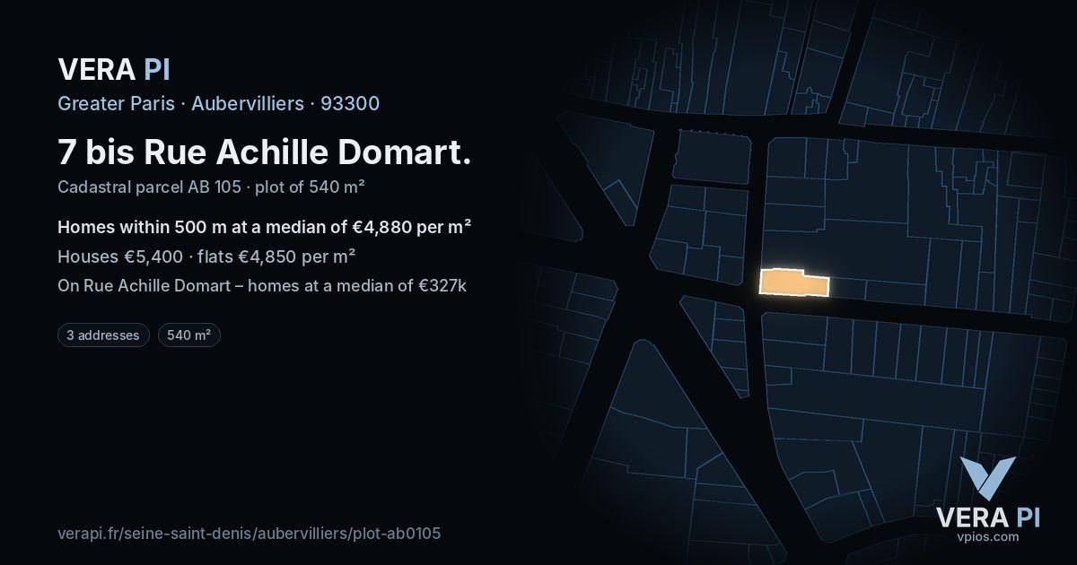 7 bis Rue Achille Domart, Aubervilliers at night – the plot lit, the parcels around coloured by the prices near them