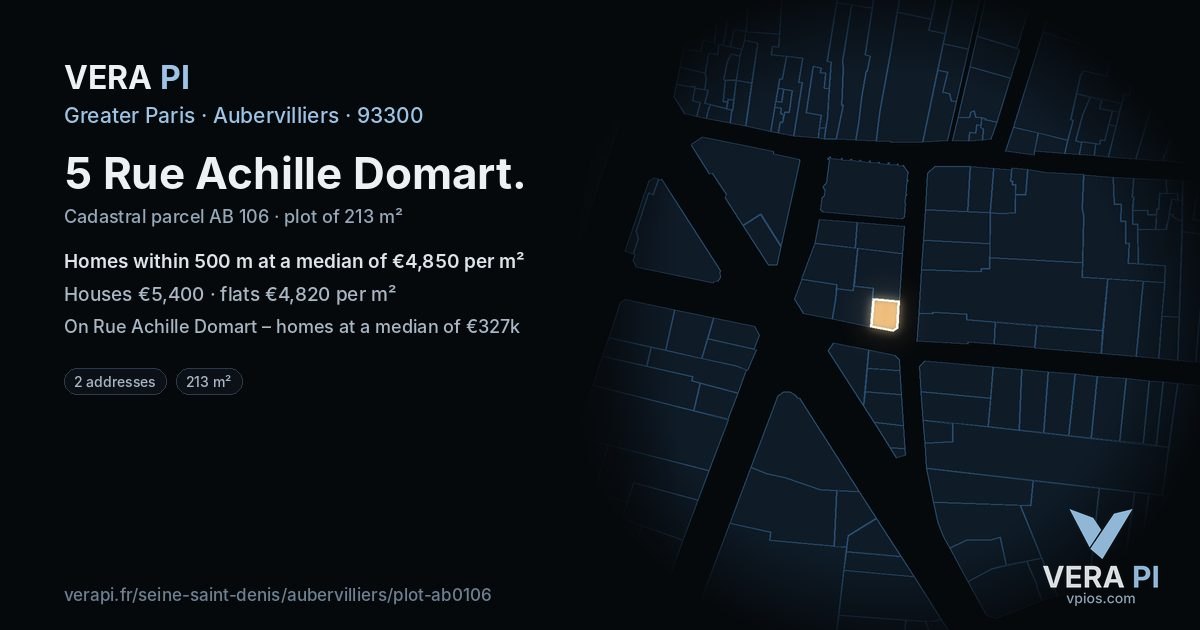 5 Rue Achille Domart, Aubervilliers at night – the plot lit, the parcels around coloured by the prices near them