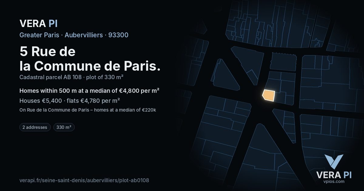 5 Rue de la Commune de Paris, Aubervilliers at night – the plot lit, the parcels around coloured by the prices near them