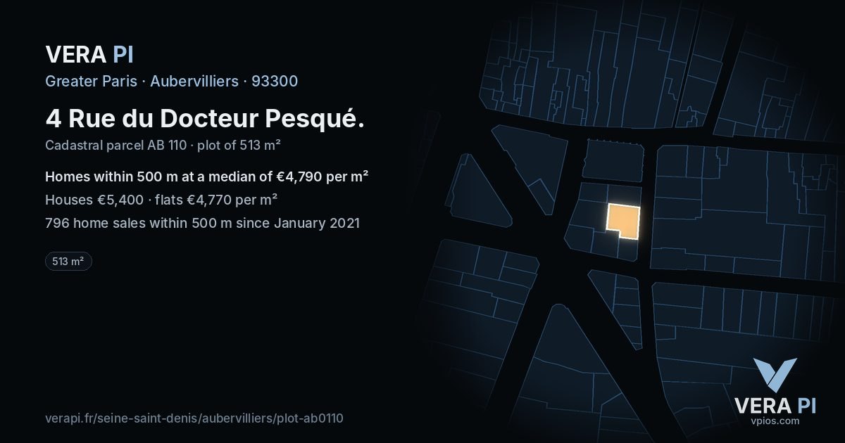 4 Rue du Docteur Pesqué, Aubervilliers at night – the plot lit, the parcels around coloured by the prices near them