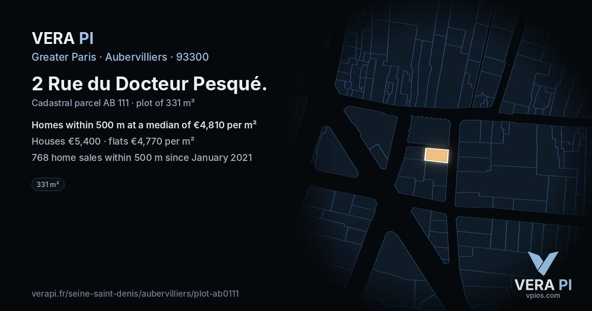 2 Rue du Docteur Pesqué, Aubervilliers at night – the plot lit, the parcels around coloured by the prices near them