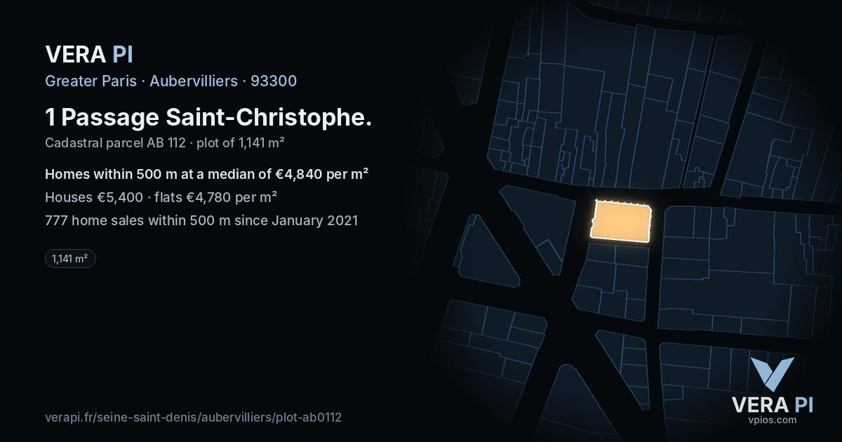 1 Passage Saint-Christophe, Aubervilliers at night – the plot lit, the parcels around coloured by the prices near them