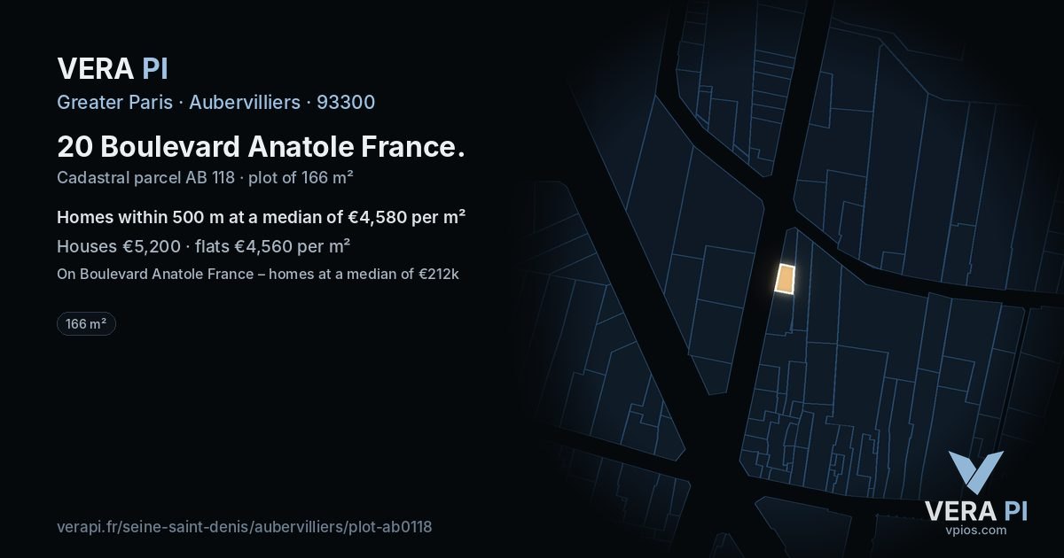20 Boulevard Anatole France, Aubervilliers at night – the plot lit, the parcels around coloured by the prices near them