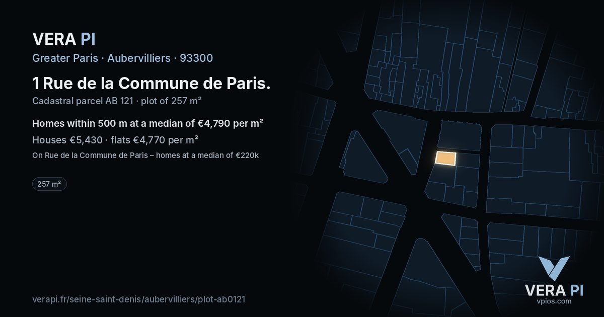 1 Rue de la Commune de Paris, Aubervilliers at night – the plot lit, the parcels around coloured by the prices near them