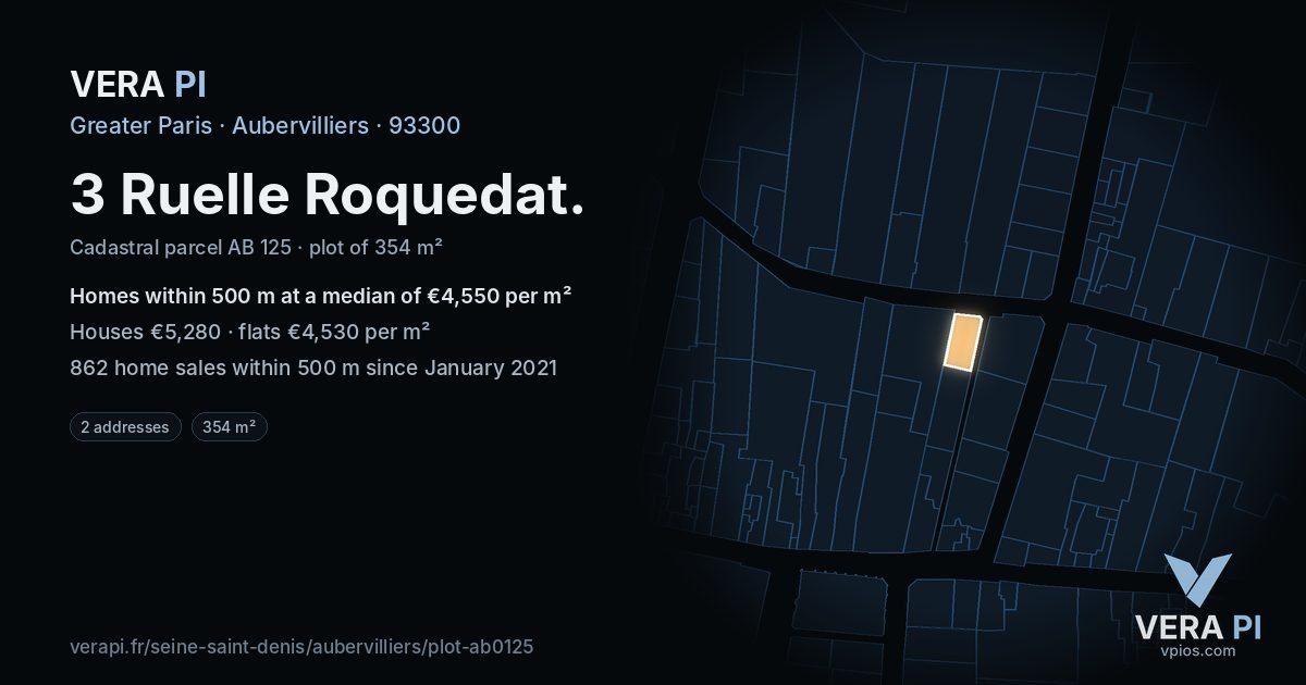 3 Ruelle Roquedat, Aubervilliers at night – the plot lit, the parcels around coloured by the prices near them
