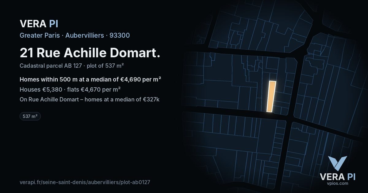 21 Rue Achille Domart, Aubervilliers at night – the plot lit, the parcels around coloured by the prices near them