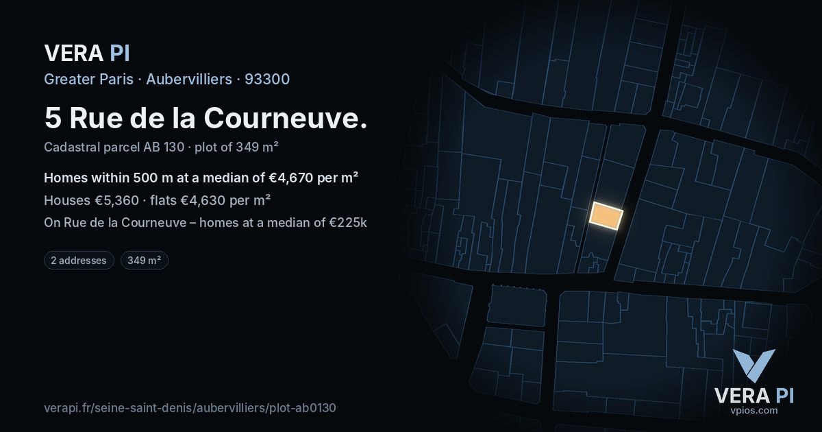 5 Rue de la Courneuve, Aubervilliers at night – the plot lit, the parcels around coloured by the prices near them